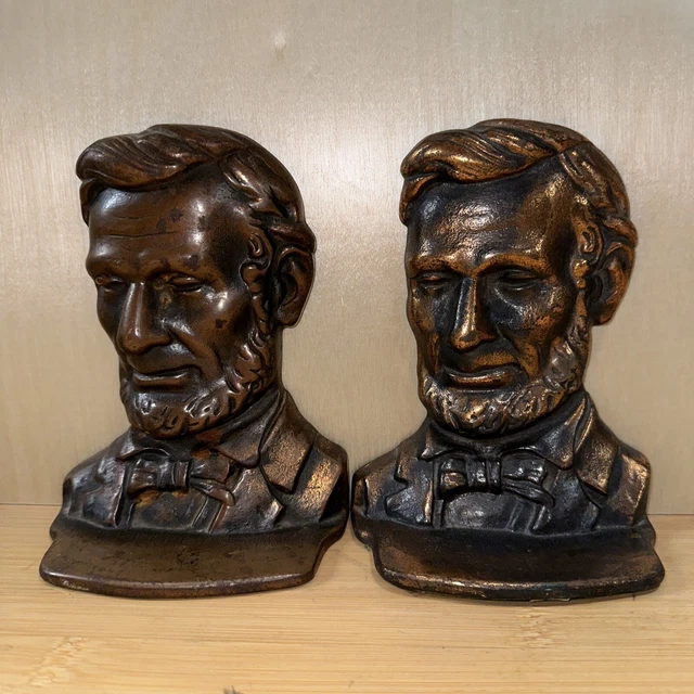 Vintage Antique Abraham Lincoln Bookend Cast Iron Set, Metal President Bust Pair