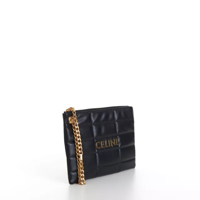 CELINE 1100$ Small Pouch With Chain Black Quilted Calfskin 3