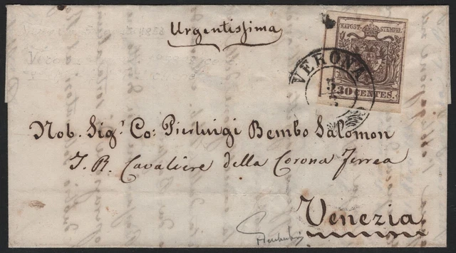 Lombardei-Venetien 1850 Nr. 4 H I  30 Centesimi Brief VERONA Plattenfehler Blase