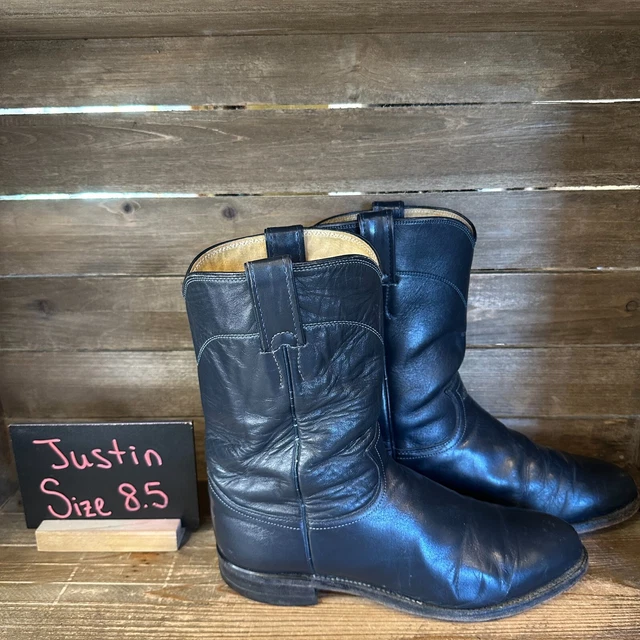 MENS JUSTIN CORA Black Leather Boots Round Toe Western Roper Cowboy