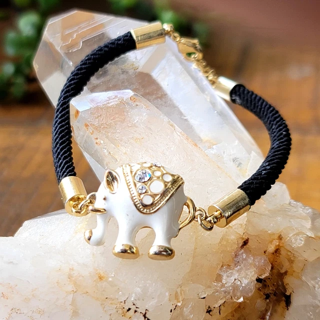 Vintage Bracelet White Enamel Elephant Trunk Up 18k Gold Filled Stamp Black Silk