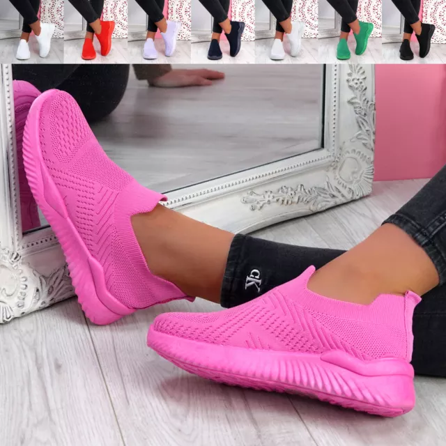 Womens Knit Slip On Sneakers Ladies Sport Gym Trainers Fashion Shoes Size Uk