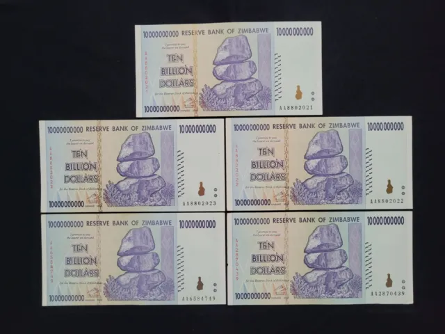 Zimbabwe 5 x 10 Billion Dollars 2008 Pick- 85 – Lot 5 pcs