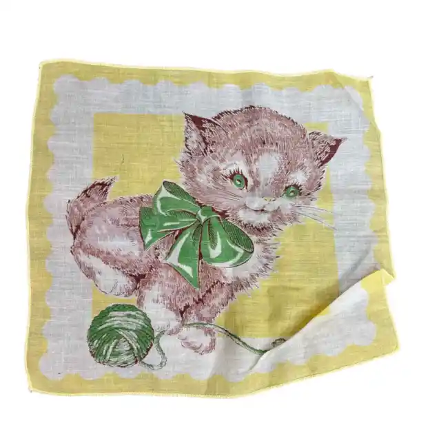 Kitten Handkerchief Vintage Hankie Childs Kids Cat Yarn Nursery 8 Inch by 9 Inch