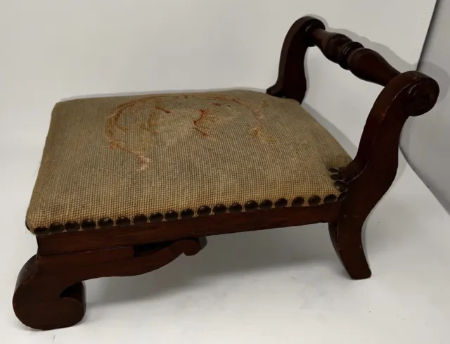 19th C. Footstool with Queen Claude of France Needlepoint-Eleanor Custis Wright
