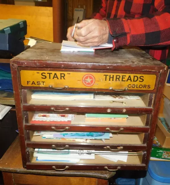 antique  star threads spool cabinet ,wood  & glass store display 5 drawer