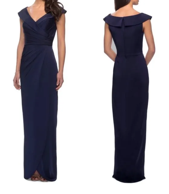 La Femme Womens Size 8 Surplice Off Shoulder Column Gown Maxi Dress Color Navy