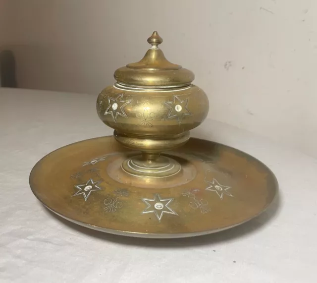 antique 19th century Victorian gilt bronze brass writing desk star inkwell stand