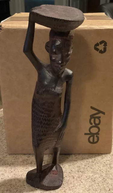 Vintage 7” Hand Carved Ebony Wood African Woman Figurine