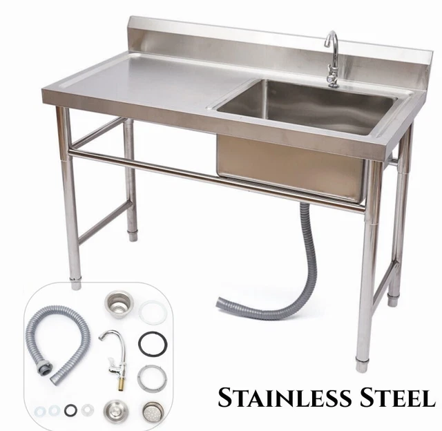 Stainless Steel 1 Compartment Commercial Kitchen Sink with Prep Table & Tap Kit