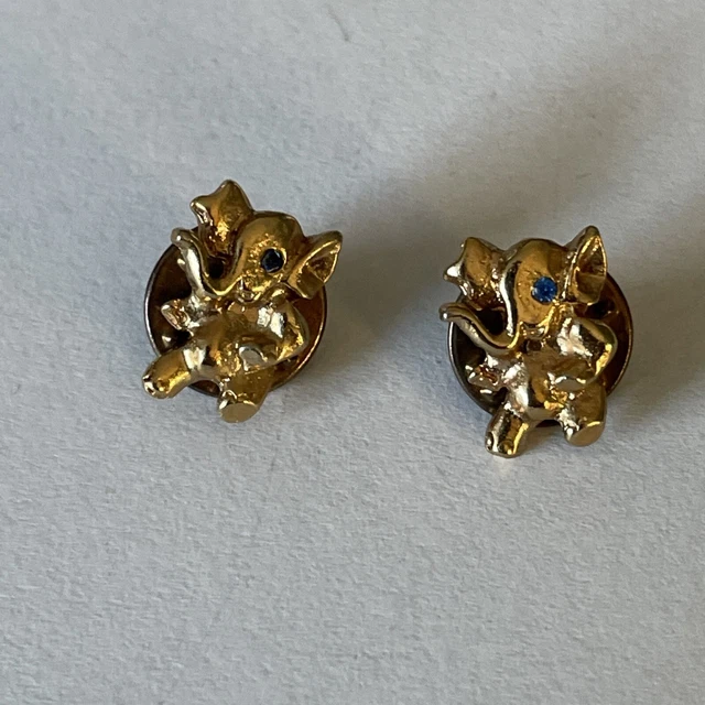 VTG Pair Of Gold Tone Metal Elephant Post Lapel Pin Brooch Blue Eye Rhinestone