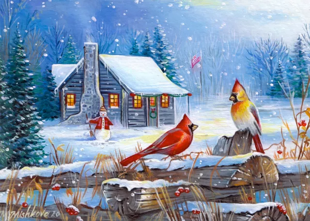 Limited Edition ACEO PRINT Winter Cottage Birds Country Snowman Cute M. Mishkova