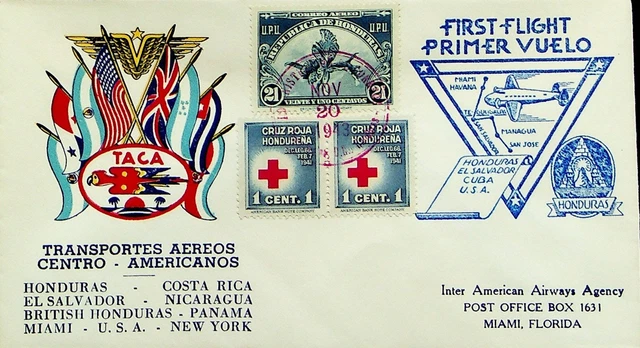 Honduras 1943 WWII Taca Airways Ffc Sich Miami Fl. USA W/ Rot Kreuz Paar +
