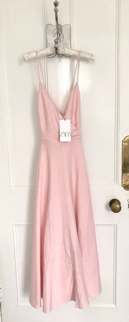 ZARA LINEN BLEND Pink Flared Surplice Crossover Back Tie Fastening Dress M  BNWT 49.99 - PicClick UK