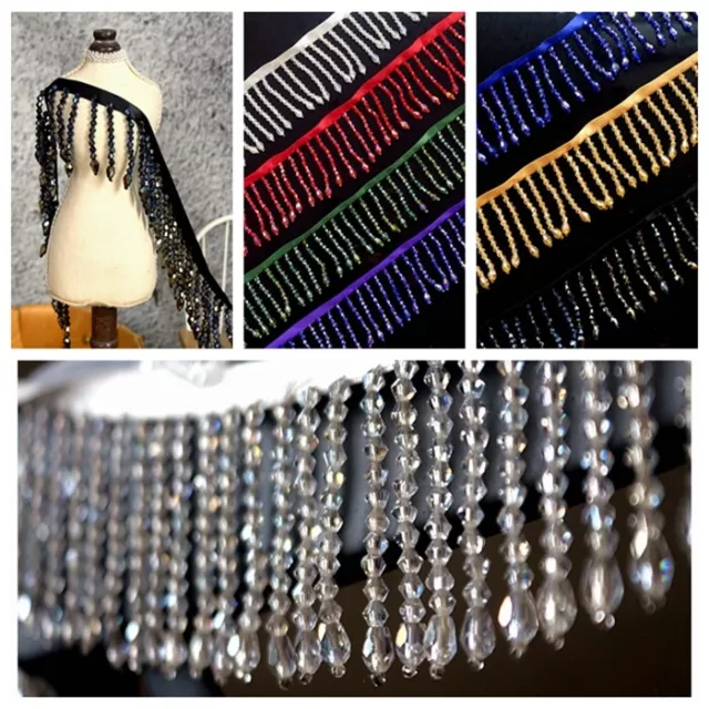 1M Acrylic Crystal Beaded Tassel Fringe Lace Trim Costume Curtain Upholstery Sew