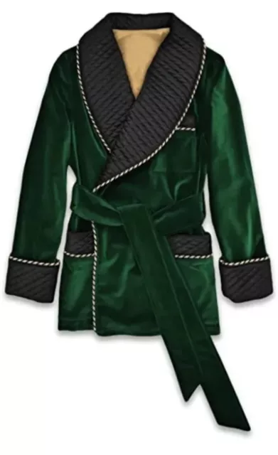 MEN'S DARK GREEN Velvet Smoking Jacket With Quilted Silk Shawl Collar ...