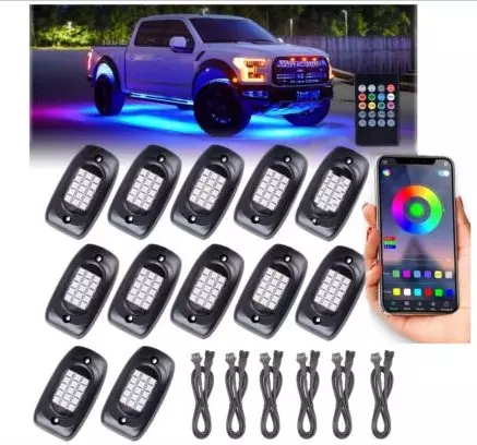 12x RGB LED Pods Rock Light Kit Underbody Glow Neon Lamp Bluetooth Music Control