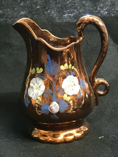 Antique Copper Luster Ware Pitcher/Jug Handpainted Flowers Damaged Base 6 3/4"