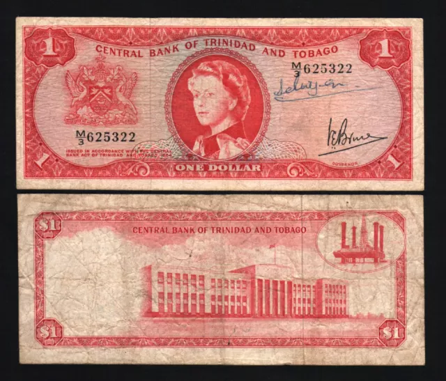 Trinidad & Tobago 1 Dollar P26 C 1964 Queen Bird Oil Rig Money Bill Bank Note