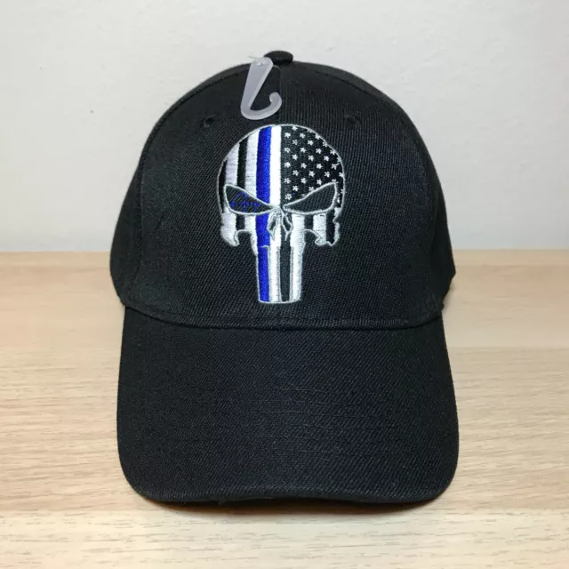 Police Dept. Skull American Flag Thin Blue Line Cap Hat Black