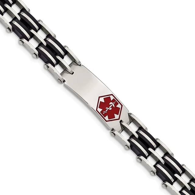 Mens Stainless Steel Black Rubber 8.25 Inch Medical I.D. Bracelet