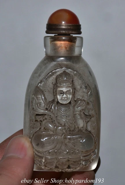3.2" Old Chinese Crystal Carved Guan yin Kwan-yin Snuff bottle Snuff box Statue