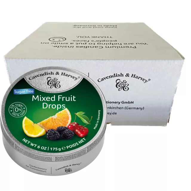 Cavendish and Harvey Sugar Free Mixed Fruit Drops 175g Tin Sweets Lollies x 10
