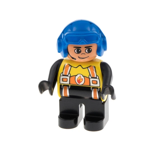 1x Lego Duplo Figurine Man Pompier Noir Veste Jaune Casque Bleu 4555pb198