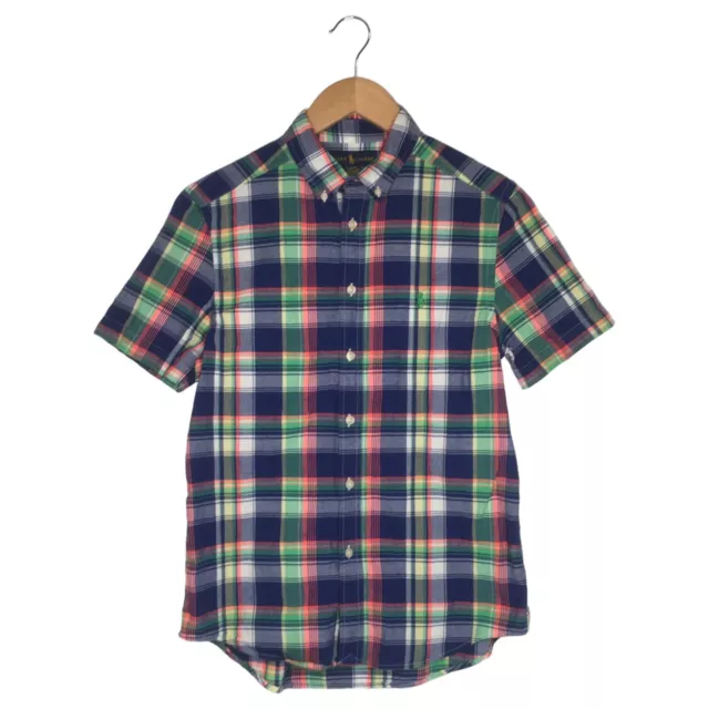 Ralph Lauren Shirt Boys L Plaid Button Up Short Sleeve Preppy Collar Blue