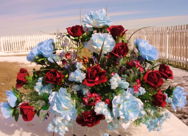 Tombstone Saddle Frame w/ Flowers Rose Cemetery Multiple Myeloma cancer Burgundy