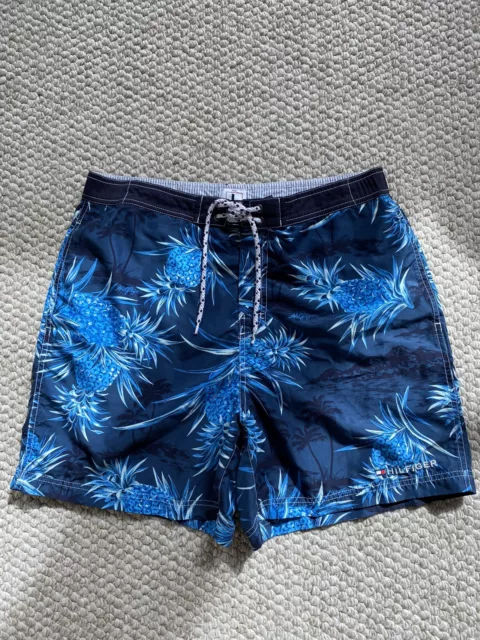 TOMMY HILFIGER Men’s Large Swim Trunks Shorts Blue Pineapple Print Hawaiian