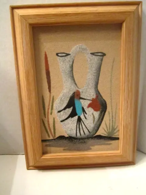 Vintage Native American Navajo Sand Art of Pottery Wedding Vase Framed Signed