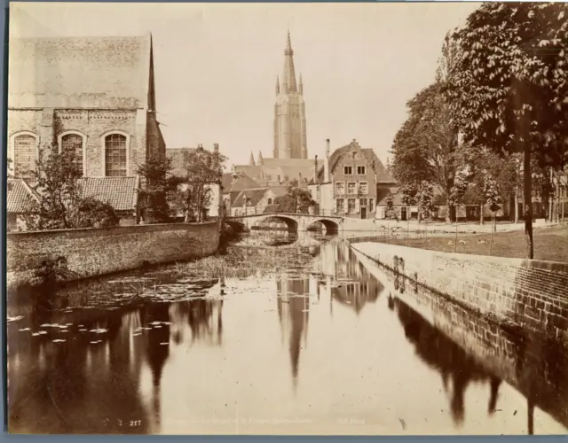 ND. Belgique, Bruges, Le Canal et la Flèche Notre Dame  Vintage albumen print.