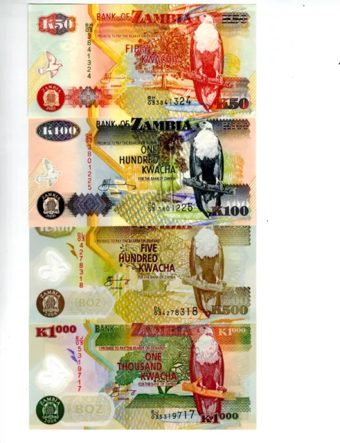 Zambia 4 Uncirculated Notes 50, 100, 500 &1000 Kwacha Uncirculated