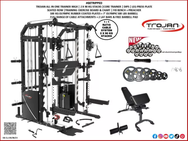 All in One Trainer 90XPRO Smith Functional Trainer 1:1 & 2:1 Cable Ratio + Le...