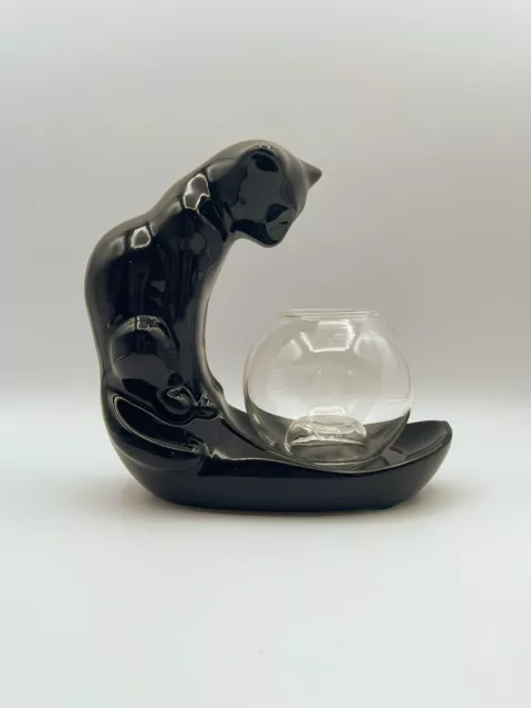 Vintage Royal Haeger Ceramic Black Cat Sculpture Fish Bowl 8.5"x8"