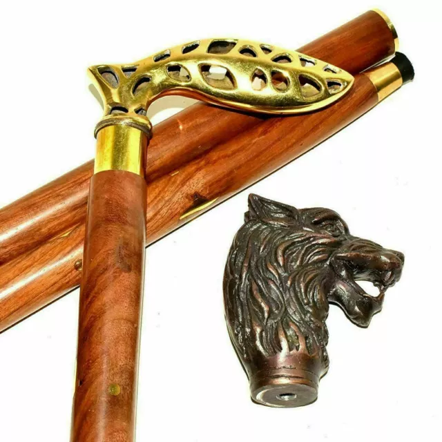 Wood Walking Stick Wolf Head Copper Antique Metal Handle Wooden Vintage Cane X 2