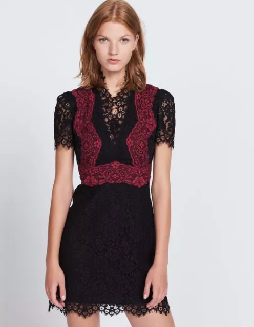 SANDRO Black & Red Lace Mini Dress - Size 1/Small/UK 8