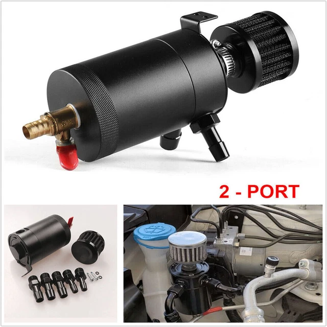 Black Aluminium 2-Port Oil Catch Can Tank Reservoir+Drain Valve+Breather Filter