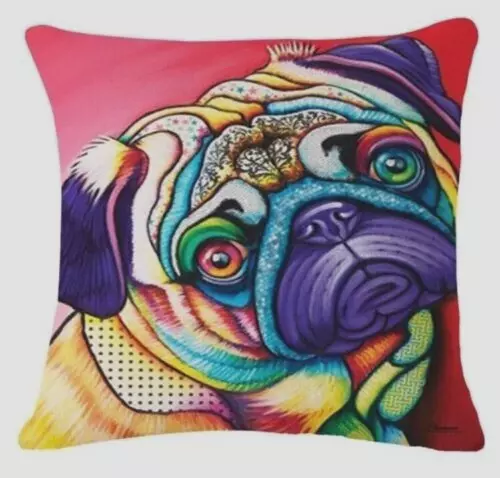 PUG DOG Purple Nose Bright Dean Russo Pop Art Painting Cushion Cover, UK Seller