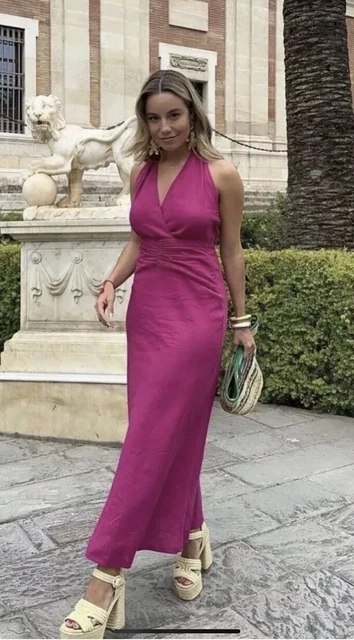 ZARA BROWN LINEN Blend Halter Neck Midi Gathered Dress With Chain Size M  Bnwt 29.99 - PicClick UK