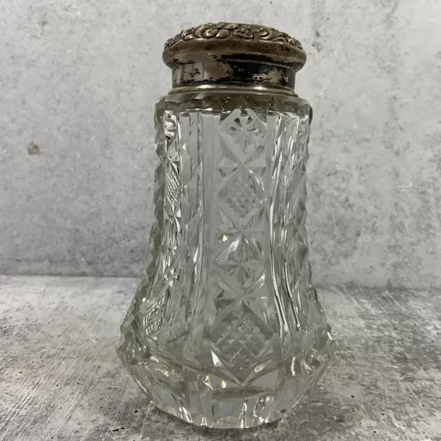 Antique Sterling Silver Crystal Cut Glass Dresser Jar Powder Holder