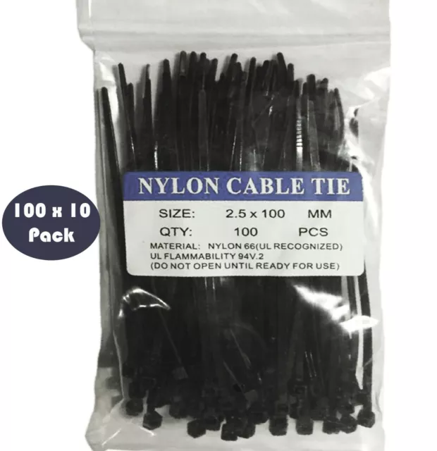 1000 Pack -100 X 2.5MM Nylon Cable Zip Tie Wraps in Black