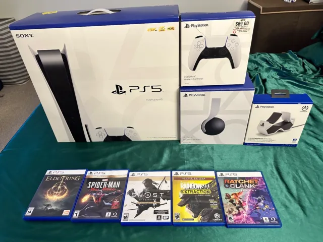 PS5 Disc with Playstation Headset Dual Charger and 2 Controllers + 5 Top Games