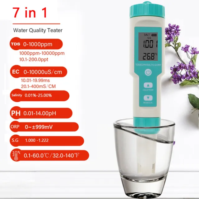 7In1 Digital Salinity PH TDS TEMP SG EC ORP Tester Water Quality Monitor Meter S