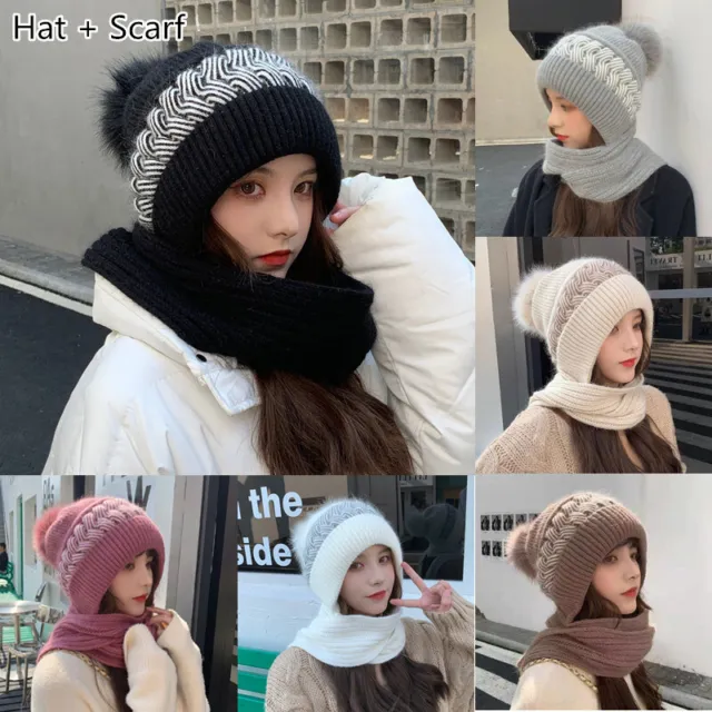 Set Scarf and Hat Women Ladies Winter Knitted Beanie Hat Fleece Pom Neck Hats