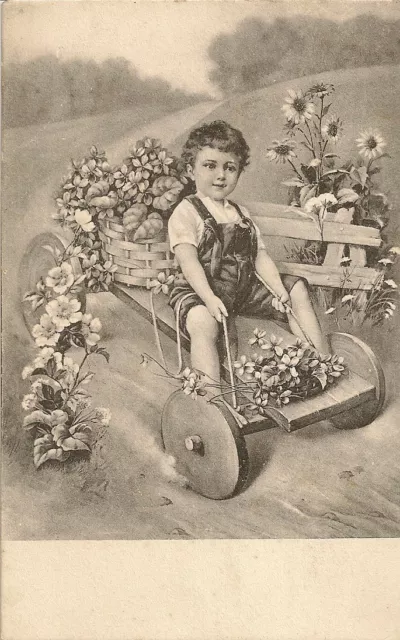 Carte Postale Fantaisie Enfant Fleur Voiture En Bois