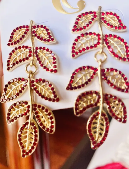 ⭐️CHARMING CHARLIE/ Gold With Red Rhinestones/Leaf Earrings/2.5 Inches Long/NEW