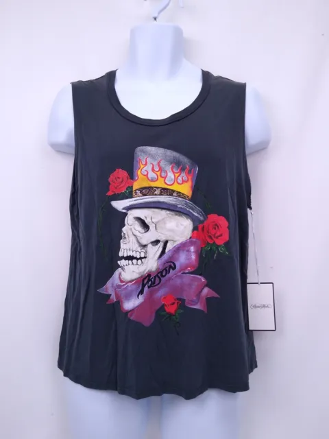 Lauren Moshi Gray Muscle Tank "Poison" Skull in Tophat with Roses Sz M