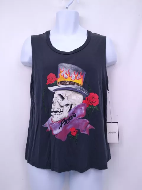 Lauren Moshi Gray Muscle Tank "Poison" Skull in Tophat with Roses Sz M Lauren Moshi Gray Muscle Tank "Poison" Skull in Tophat with Roses Sz M